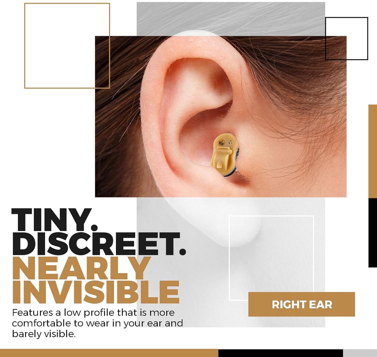 Digital Hearing Amplifier - Right Ear Invisible in Canal (CIC) in-Ear Mini Sound Enhancer Set, Near-Invisible, Noise Cancelling, Personal Sound Hearing Amplifier - Black