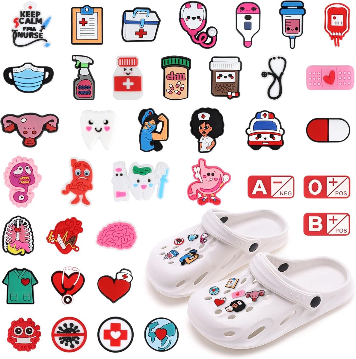 38 stuks schoensteker, medische schoenen, charme voor kinderen, Crocs, schoendecoratie, schoenhanger, verpleegsteraccessoires voor vrouwen en mannen, klompschoenen, doe-het-zelf decoraties,