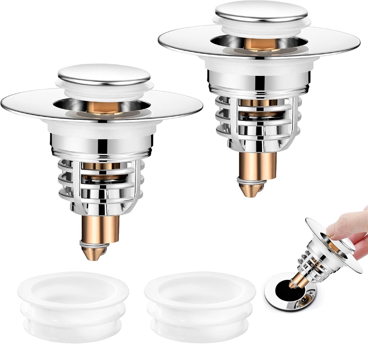 2 stuks wastafelstop, uitneembare filtermand 32-41 mm | Roestvrij staal 304 en koper, bidet-stop, zonder gereedschap, voor badkamer, bidet, keuken en wastafel