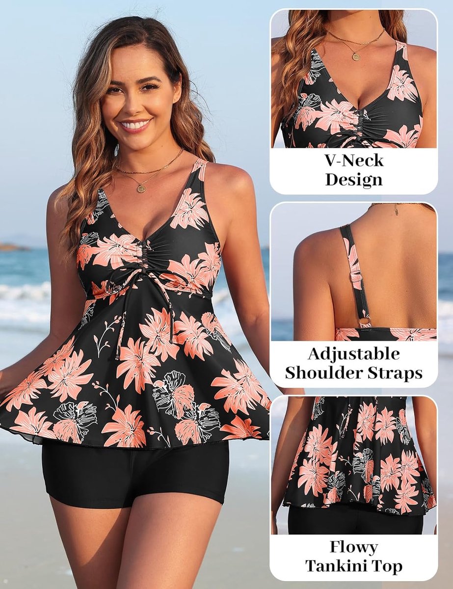 Tweedelig damesbadpak, sexy tankini-set, V-hals, trekkoord, push-up