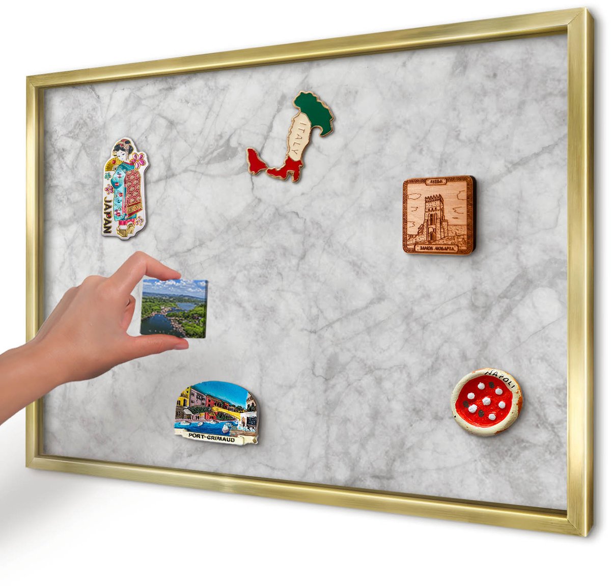 Artprintcave Grijs Magneetbord mit Gouden Frame - 60x40 cm - Grijs Marmer Magnetische Organizer - Minimalist Memobord Keuken - Texturen