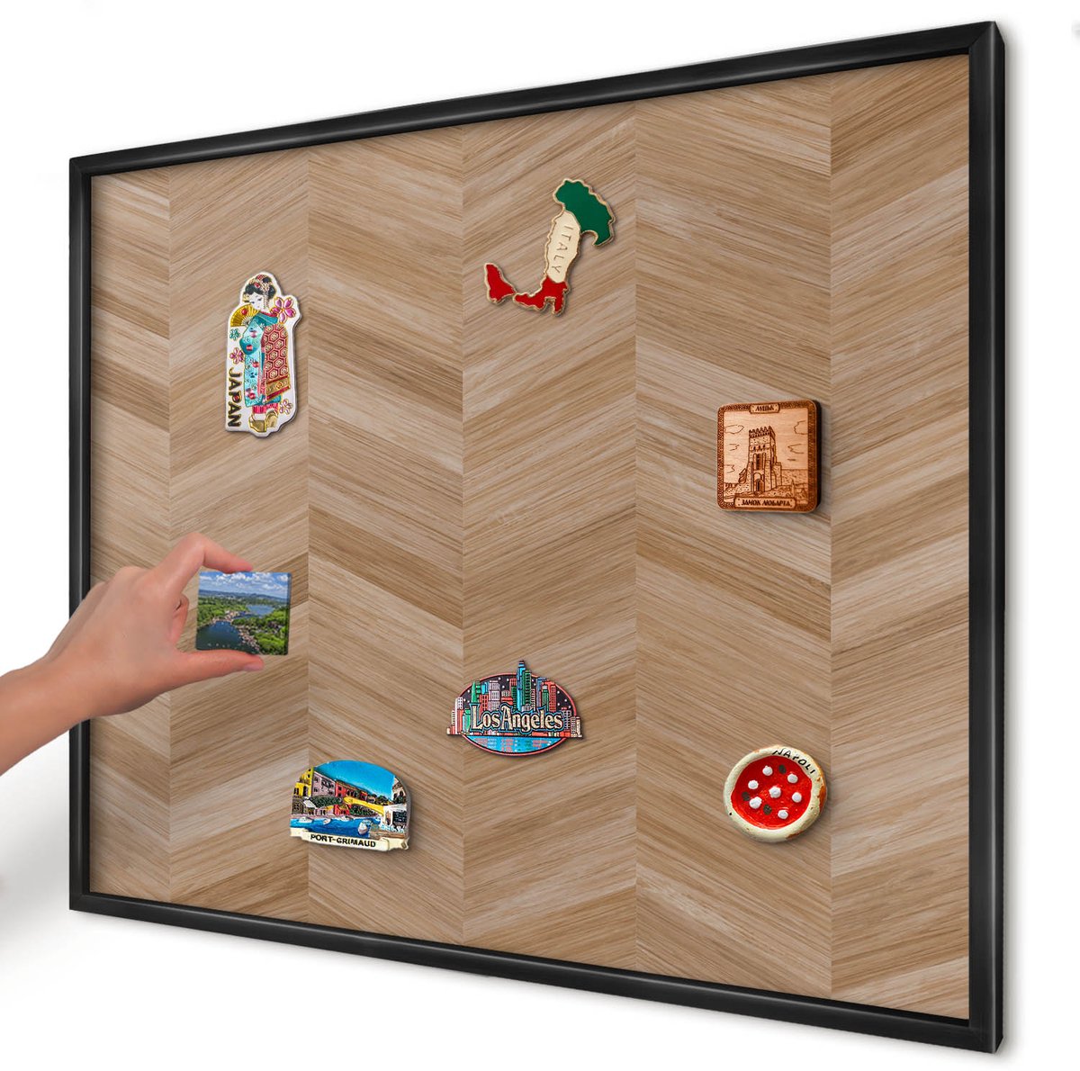 Artprintcave Bruin Magneetbord mit Zwart Frame - 80x60 cm - Houten Visgraatmotief Magneetbord Voor Foto's - Rustiek Magneetbord Voor Keuken - Texturen
