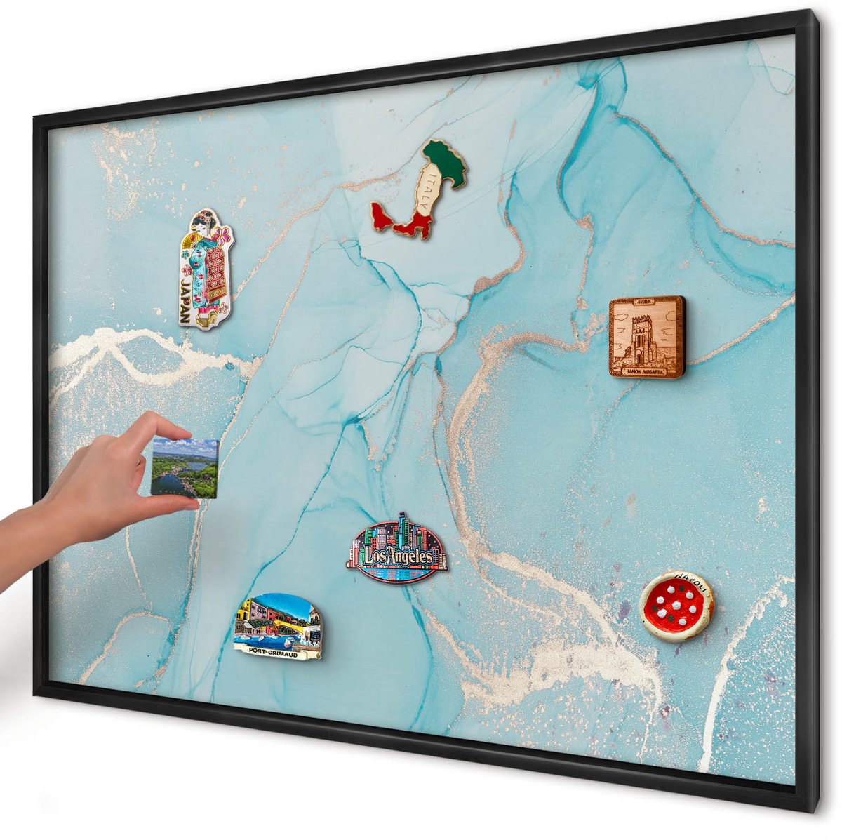 Artprintcave Turkoois Magneetbord mit Zwart Frame - 100x70 cm - Turquoise Elegantie Magneetbord Voor Keuken - Abstract Magneet Bord mit Frame - Abstractie