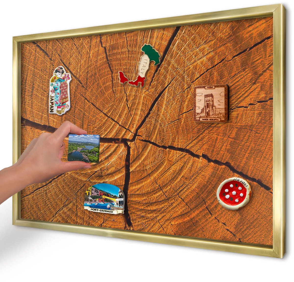 Artprintcave Oranje Magneetbord mit Gouden Frame - 60x40 cm - Houtnerf Magneetbord Voor Foto's - Rustiek Memobord Keuken - Texturen