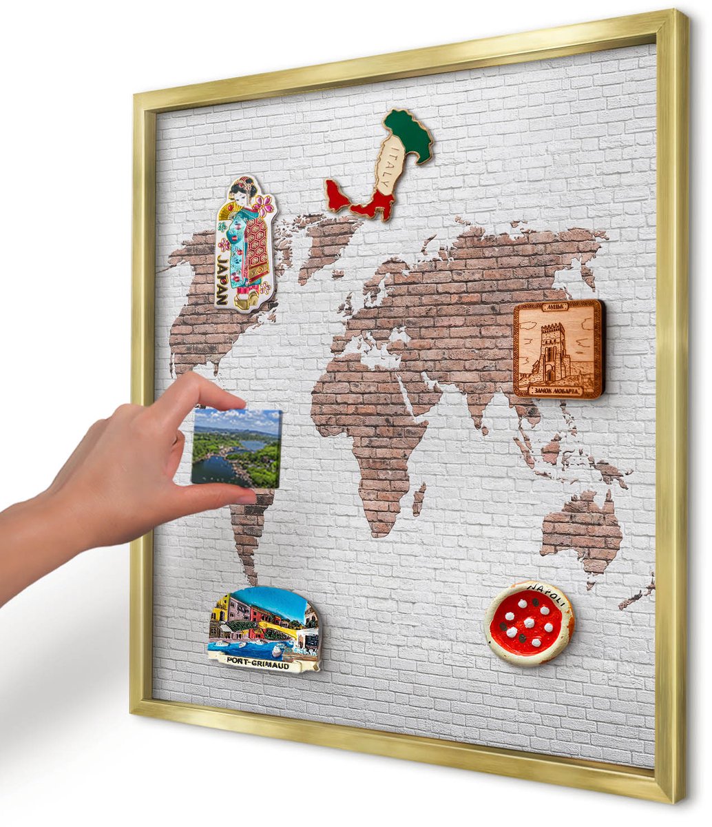 Artprintcave Bruin Magneetbord mit Gouden Frame - 50x50 cm - Bakstenen Plattegrond Magneet Bord mit Frame - Industrieel/Loft Wandbord Magnetisch - Kaarten