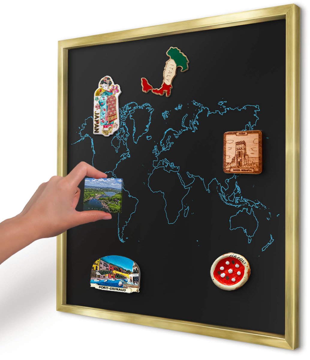 Artprintcave Zwart Magneetbord mit Gouden Frame - 50x50 cm - Wereldkaart Magneetbord Voor Keuken - Minimalist Wandbord Magnetisch - Kaarten