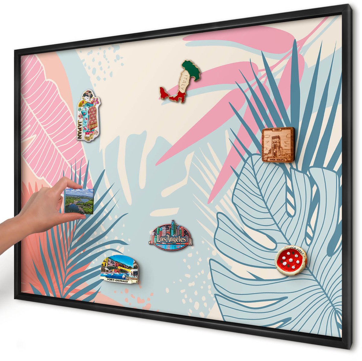 Artprintcave Romig Magneetbord mit Zwart Frame - 100x70 cm - Tropische Abstractie Magneet Bord mit Frame - Abstract Magneetbord Voor Keuken - Bloemen En Planten