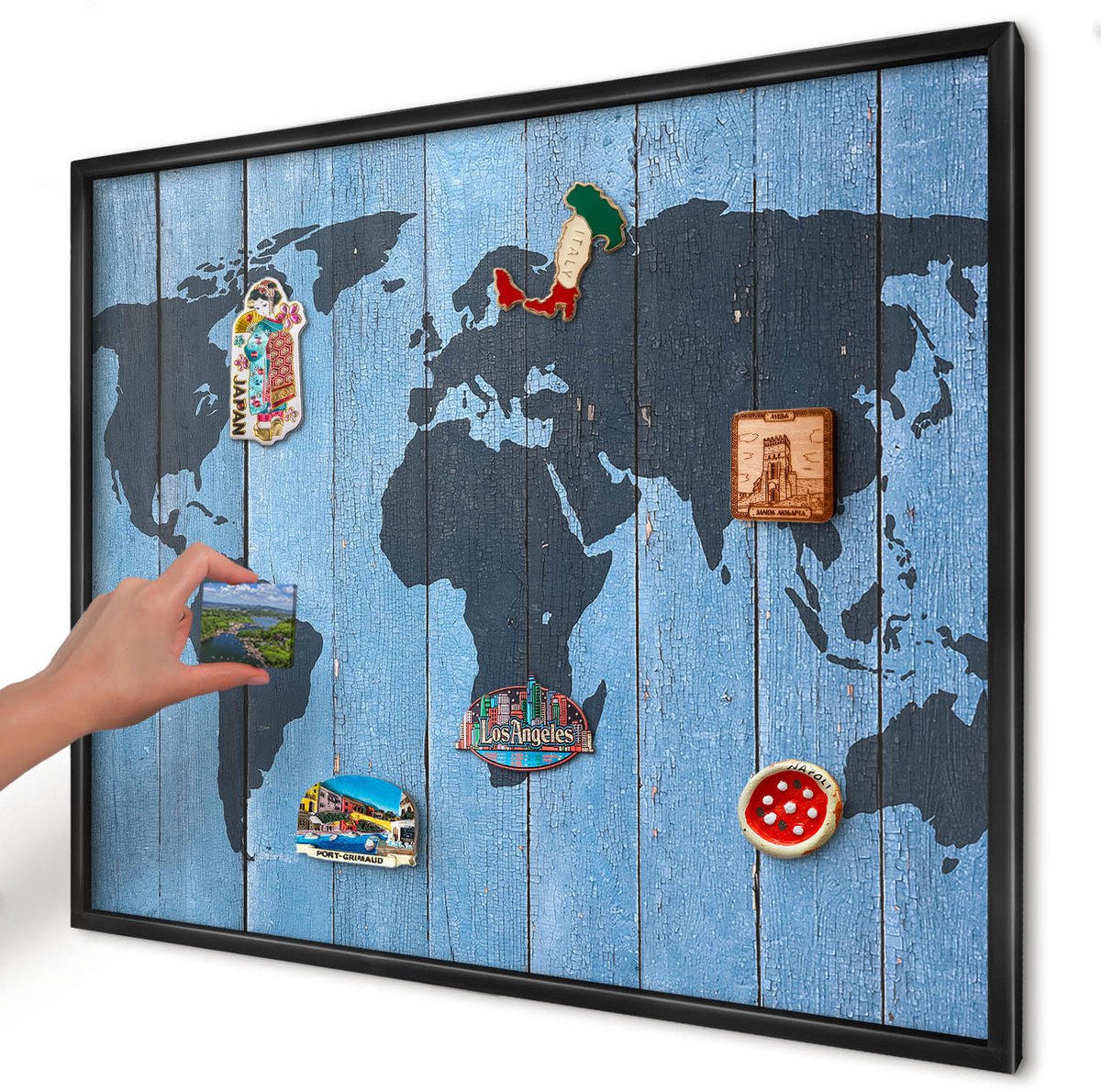 Artprintcave Blauw Magneetbord mit Zwart Frame - 80x60 cm - Wereldkaart Wandbord Magnetisch - Rustiek Notitiebord - Kaarten
