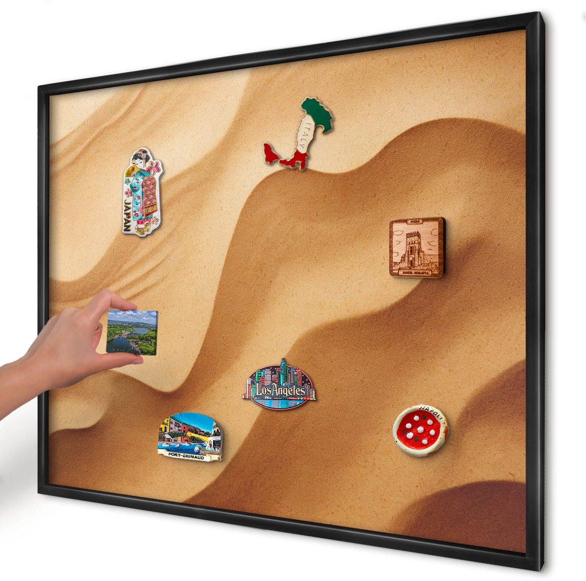 Artprintcave Oranje Magneetbord mit Zwart Frame - 80x60 cm - Zandgolven Magneetbord Voor Keuken - Abstract Memobord Keuken - Abstractie