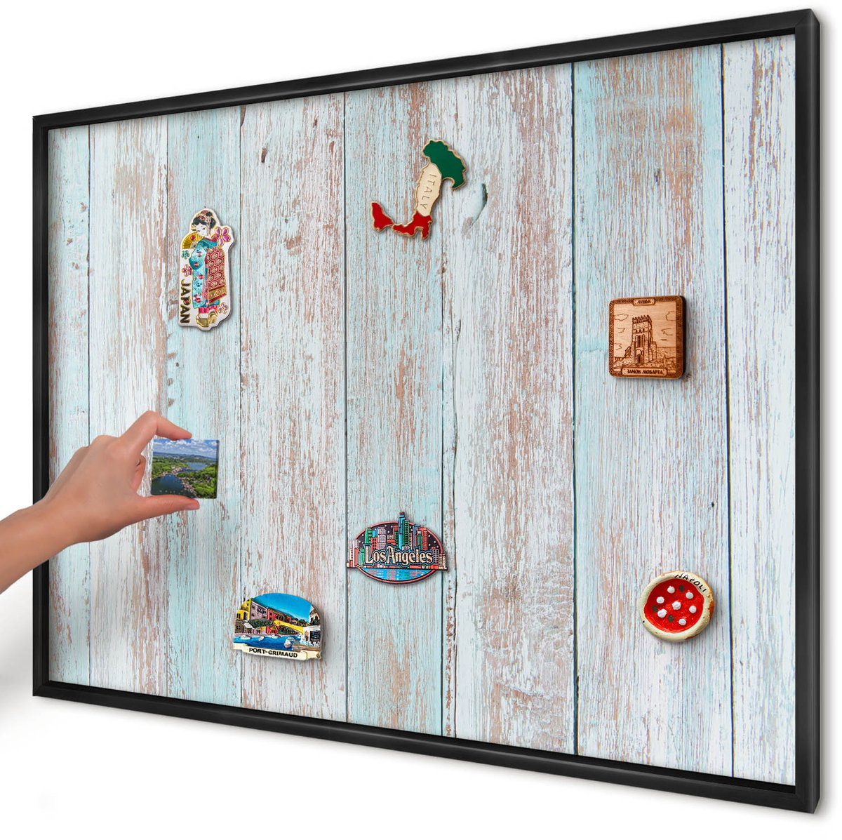 Artprintcave Blauw Magneetbord mit Zwart Frame - 100x70 cm - Rustieke Planken Magneetbord Voor Keuken - Rustiek Magnetisch Bord - Texturen