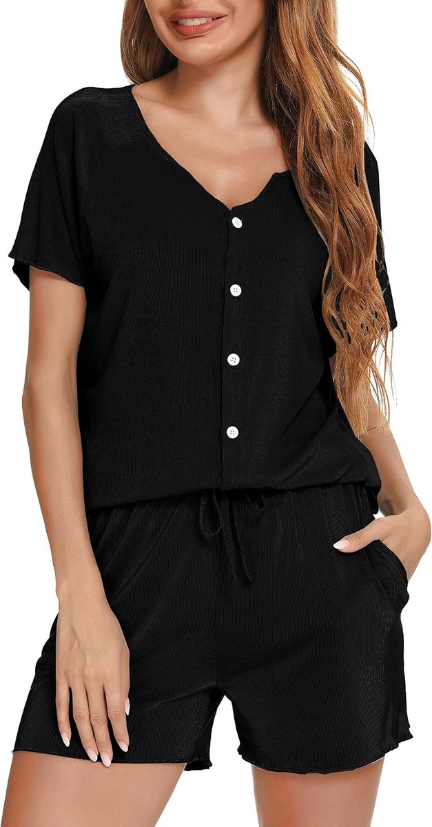 Pyjama's voor Dames Modaal Pjs Sets Geplooid Zacht Loungeset Korte Mouw Shirt en Korte Broek voor Lounge Slaapkleding