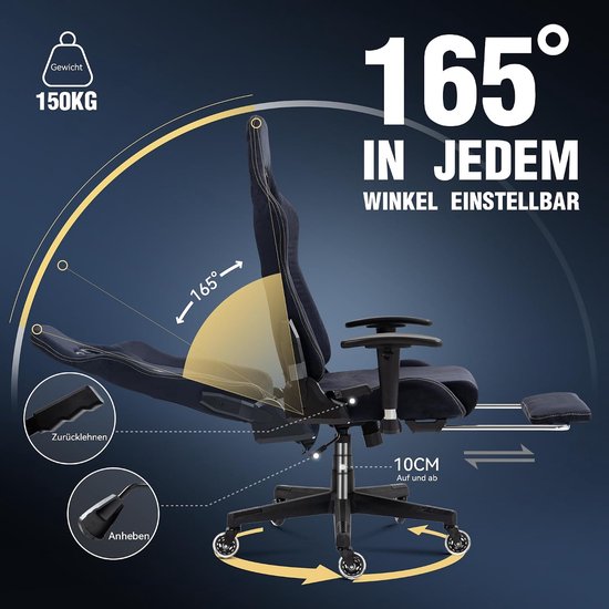 Gaming stoel met massagefunctie, verstelbare bureaustoel met luxe suede stof, 90-165 graden, geschikt voor 150 kg, zwart — afbeelding 5