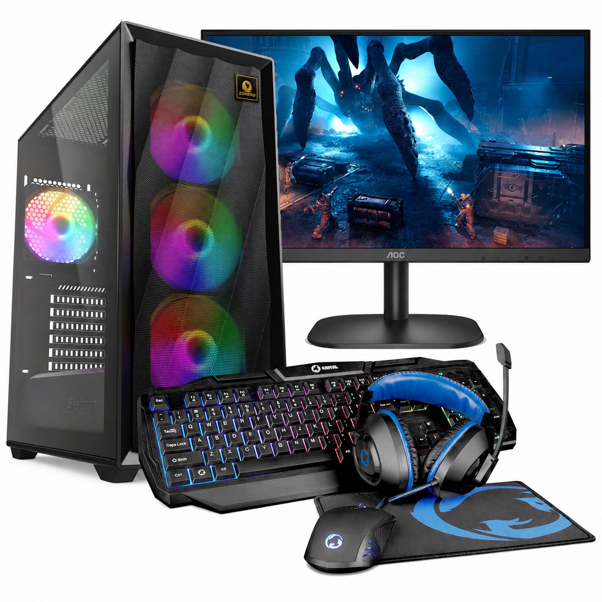 Zonbird Viper Complete Game PC Set - Ryzen 5 5600GT - 8GB - 240GB SSD - Gamingmonitor - Toetsenbord - Muis - Headset - Windows 11 Pro