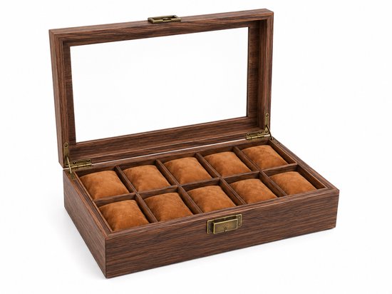 Boîte à montres en bois avec couvercle en verre, 10 coussins marron.