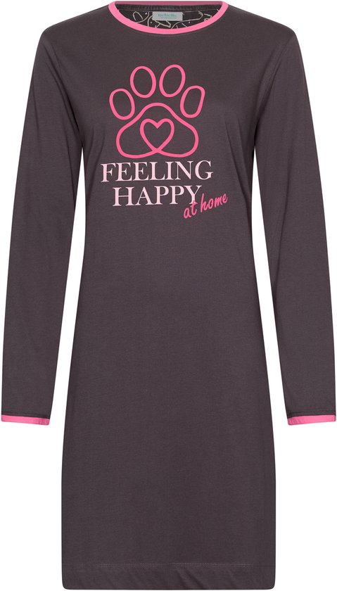 Donkergrijs nachthemd met lange mouwen, roze boorden en een roze pootafdruk met tekst 'FEELING HAPPY at home'.