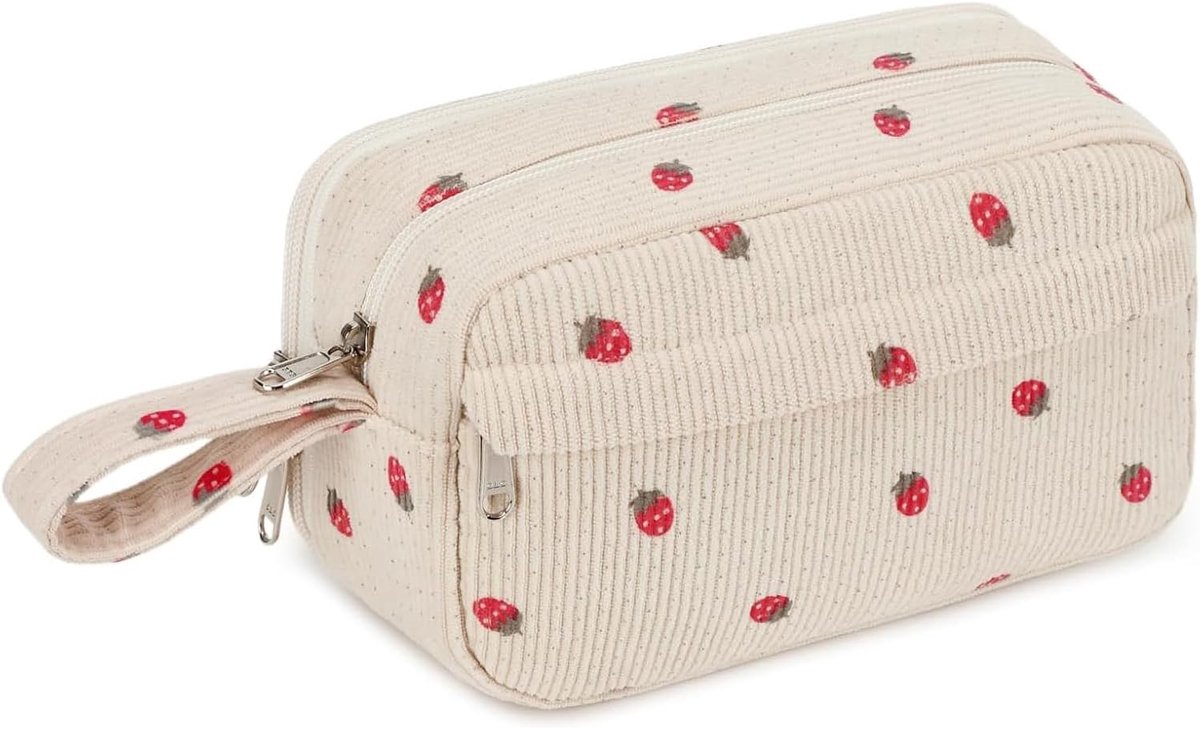 Etui voor meisjes 22 x 9 x 13.5 cm - corduroy - beige - schooletui met aardbeien - SnelShoppen