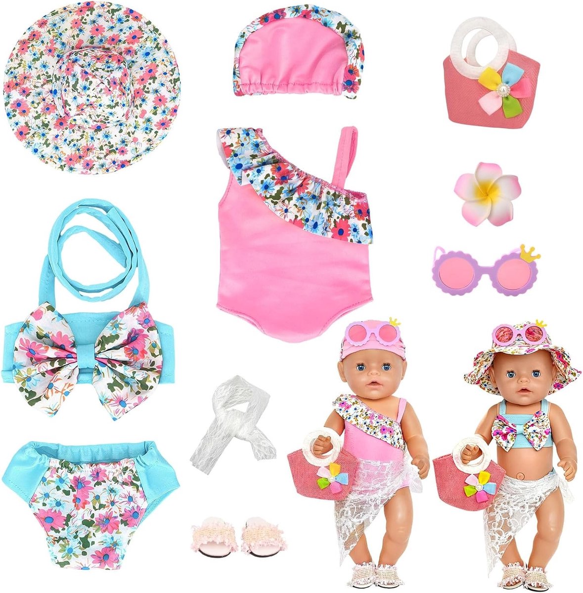 Zomer zwemset voor poppen van 35-43 cm met badpak, zonnebril, pantoffels en handtas, ideaal cadeau voor meisjes en poppenliefhebbers