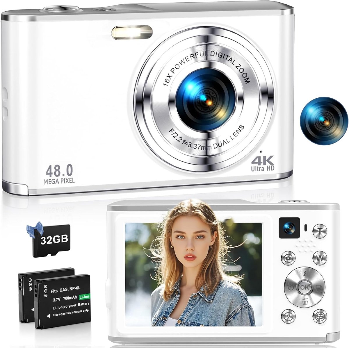 Digitale camera 4K 48MP - Compact met dubbele camera's - 16x digitale zoom - Ideaal voor vloggen - ShopVlot