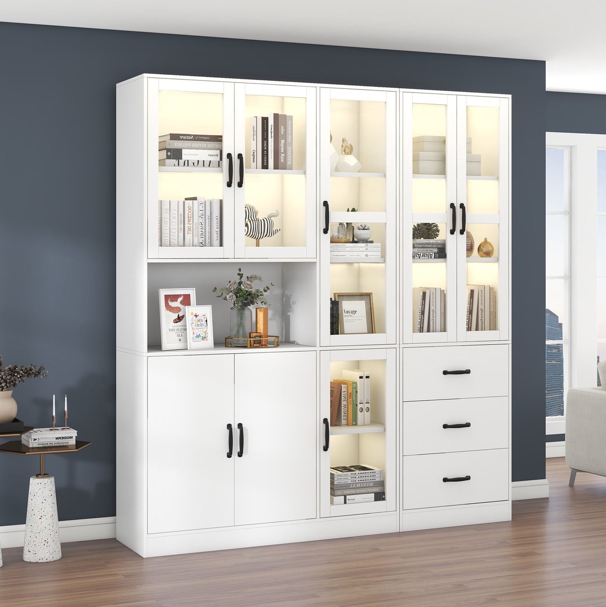 MIVRAY Vitrinekast - Moderne Witte Kombivitrine Met Ledverlichting, 8 Deuren En 3 Laden - Voor Woonkamer En Interieur - Spaanplaat - 180x40x200 Cm