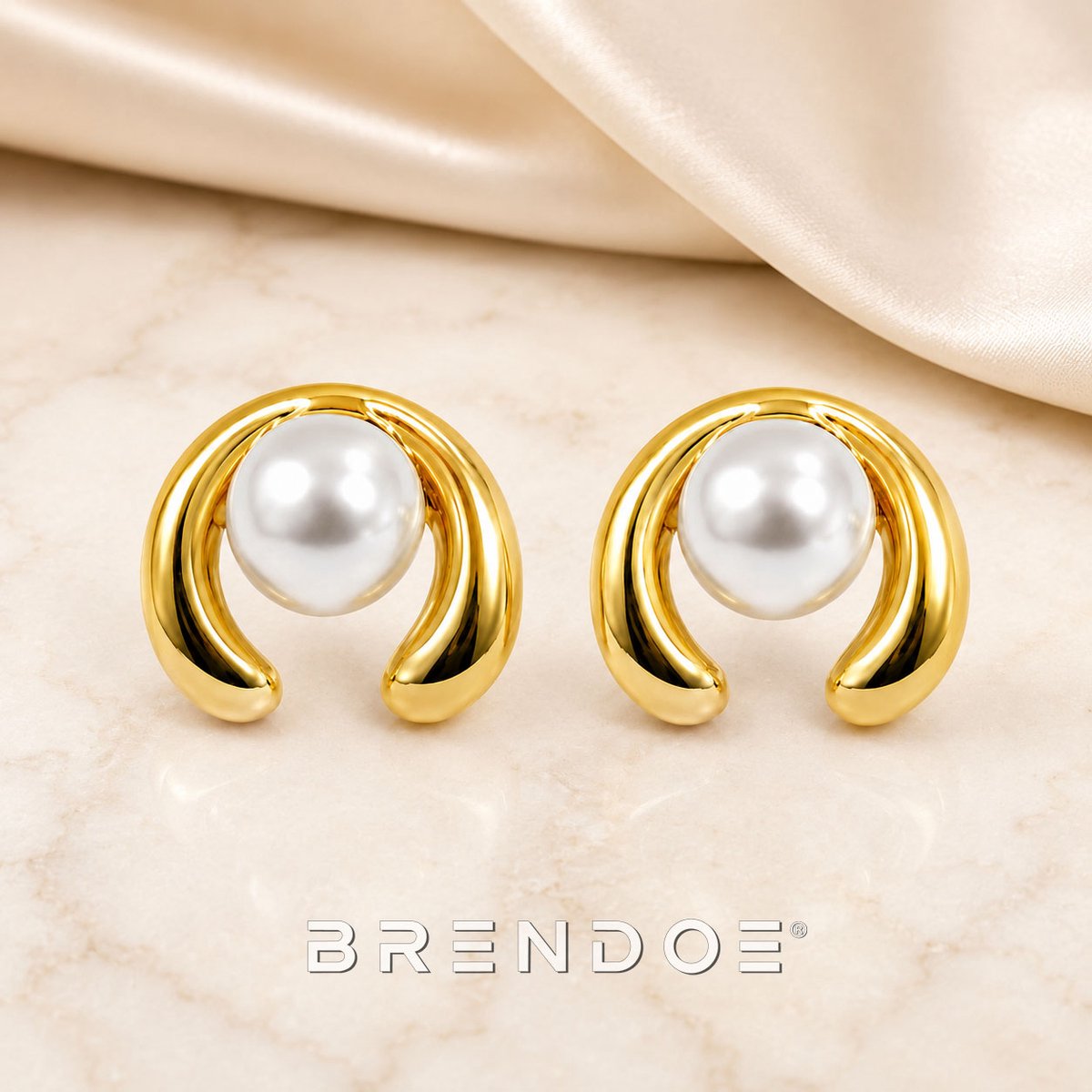 Brendoe Parel Oorbellen Dames – Goudkleurige Oorstekers – 304 RVS – 18K Verguld – Kunstparel