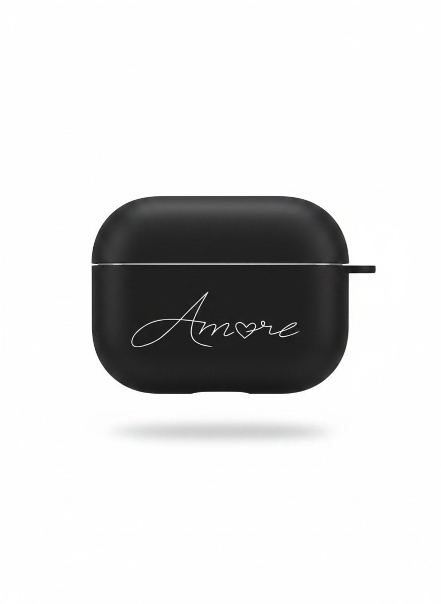 Enluxe Case geschikt voor Airpods 4 - Amore Handschrift Zwart - Mat Hardcase Hoesje, Schokbestendig