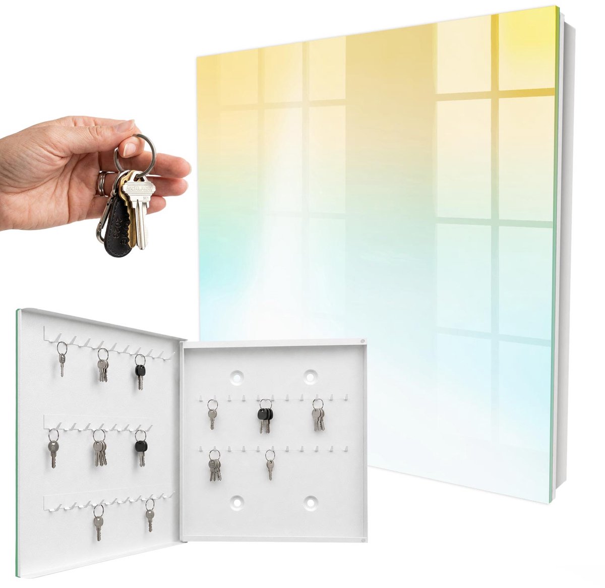 WallMuralia - Sleutelkast - 30x30x5 cm - met 50 haken - Zachte Kleuren Sleutelkastje Voor Binnen - Geel Sleutelbox - Linksopenend - Wit interieur