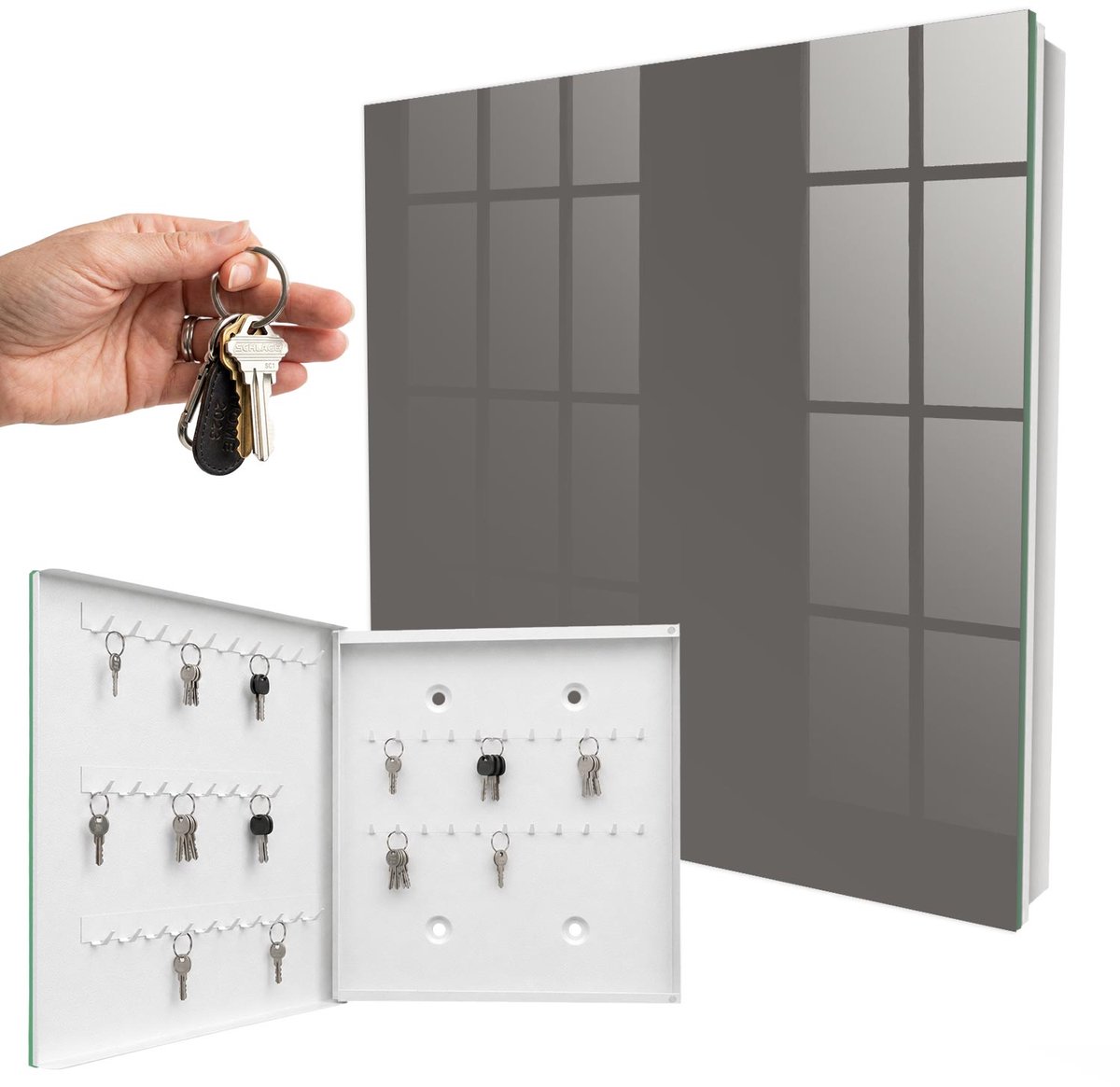 WallMuralia - Sleutelkast - 30x30x5 cm - met 50 haken - Donkergrijs Design Sleutelkastje - Grijs Sleutelbox - Linksopenend - Wit interieur