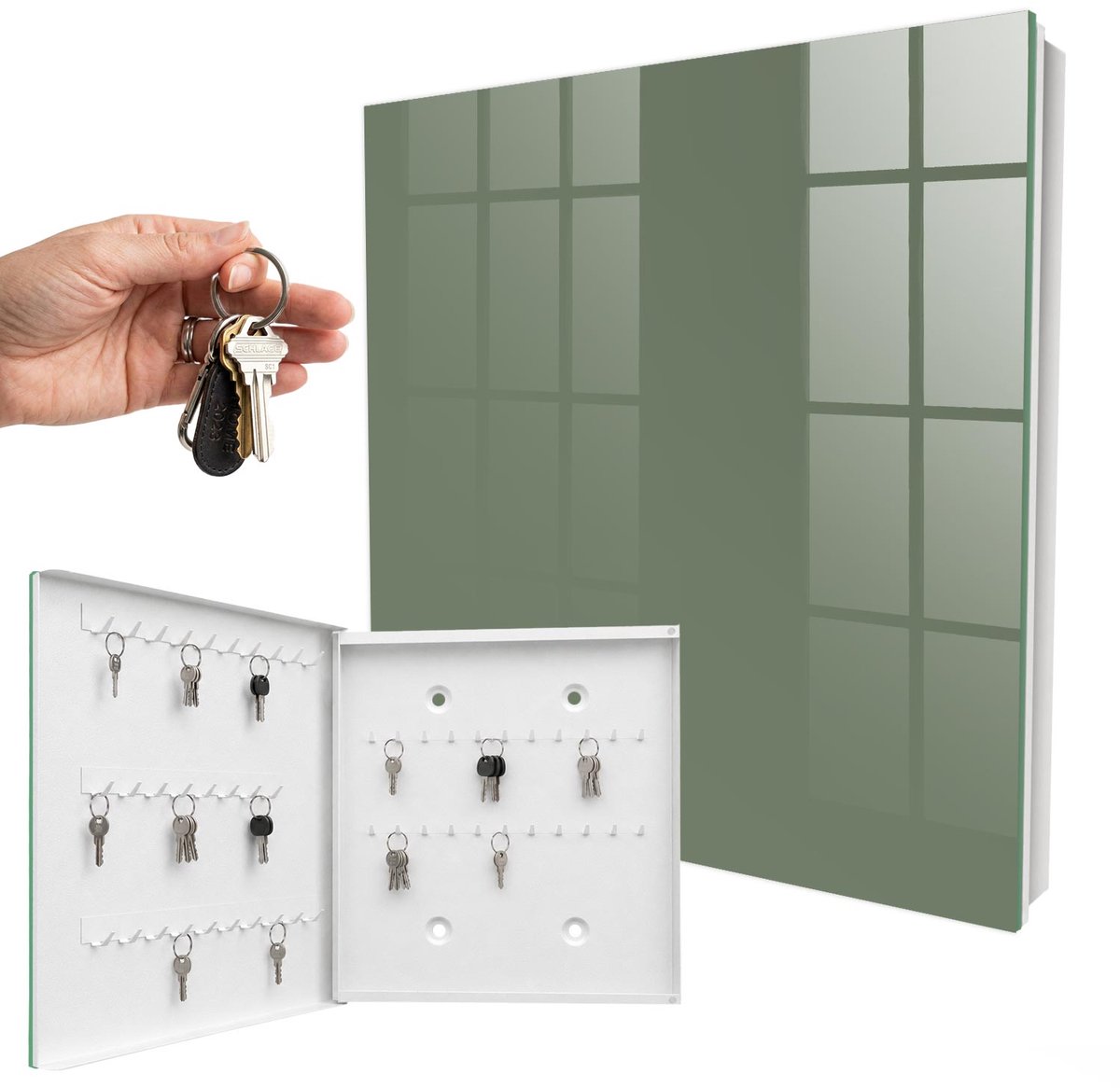 WallMuralia - Sleutelkast - 30x30x5 cm - met 50 haken - Donkere Salie Sleutelkastje - Groente Sleutelbox - Linksopenend - Wit interieur