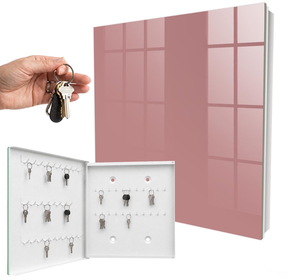 WallMuralia - Sleutelkast - 30x30x5 cm - met 50 haken - Levendig Bordeauxrood Sleutelkastje Binnen - Bordeaux Sleutelbox - Linksopenend - Wit interieur