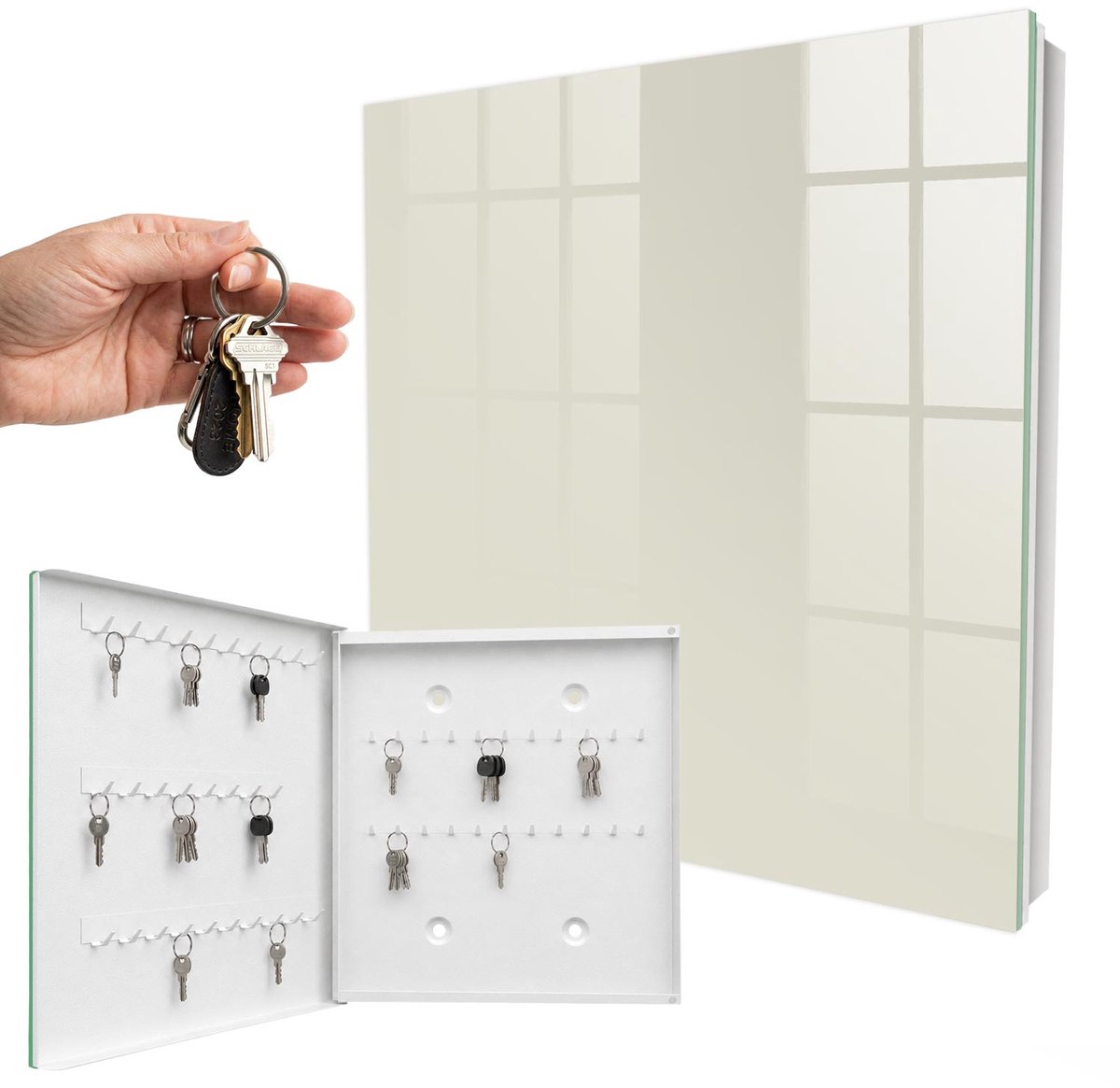 WallMuralia - Sleutelkast - 30x30x5 cm - met 50 haken - Crèmekleurige Steen Sleutelkastje Modern - Romig Sleutelbox - Linksopenend - Wit interieur