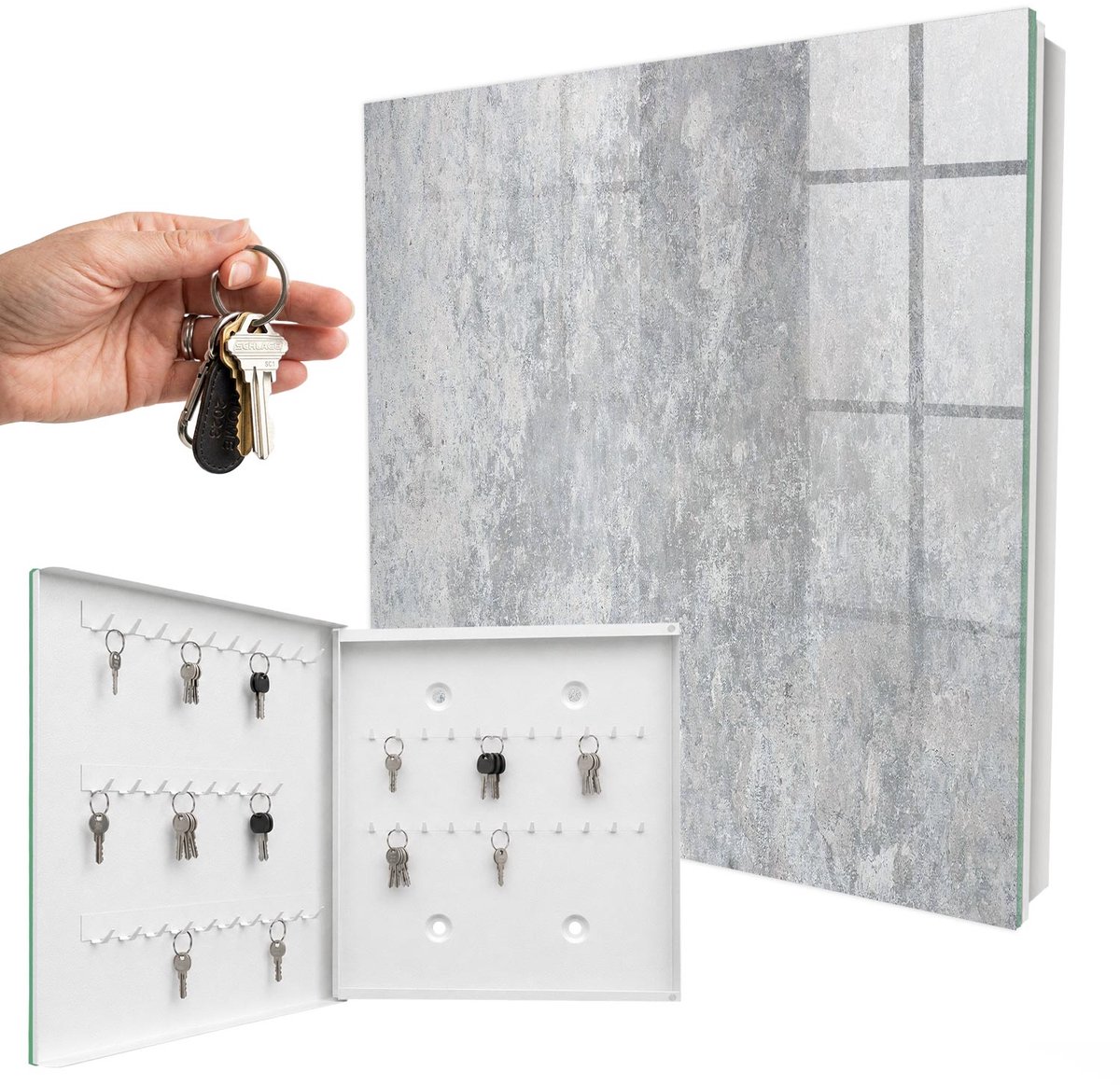 WallMuralia - Sleutelkast - 30x30x5 cm - met 50 haken - Betonpatroon Sleutelkastje Voor Binnen - Grijs Sleutelbox - Linksopenend - Wit interieur
