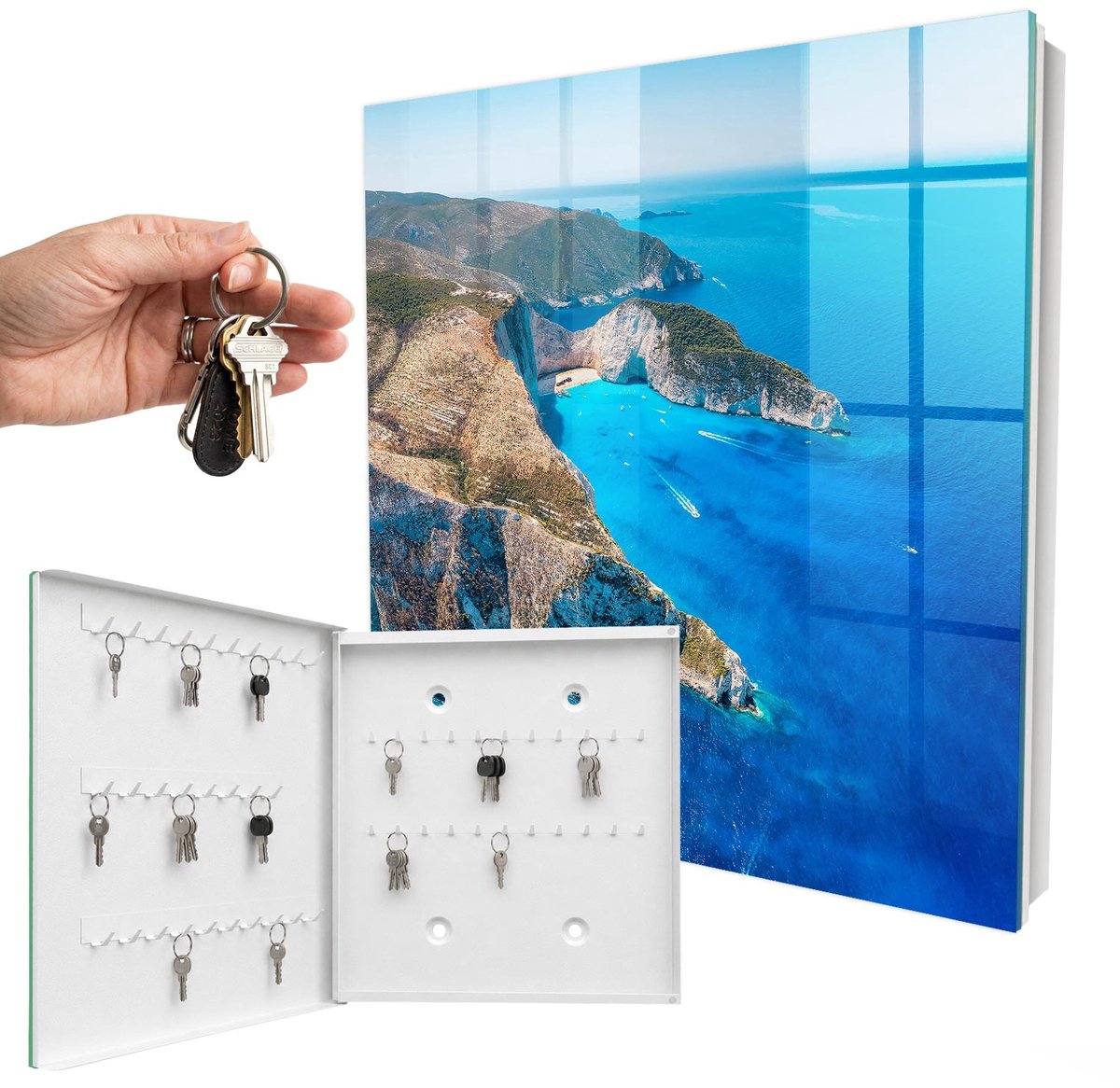 WallMuralia - Sleutelkast - 30x30x5 cm - met 50 haken - Franse Rivièra Sleutelkastje Landelijk - Blauw Sleutelbox - Linksopenend - Wit interieur