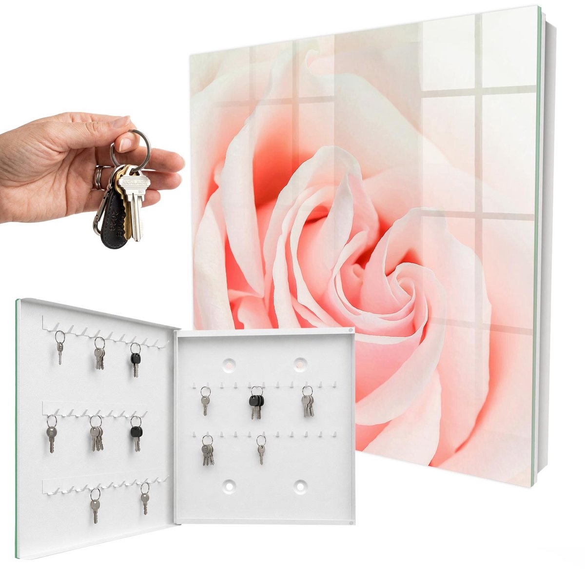 WallMuralia - Sleutelkast - 30x30x5 cm - met 50 haken - Romantische Roos Sleutelkastje Muur - Roze Sleutelbox - Linksopenend - Wit interieur