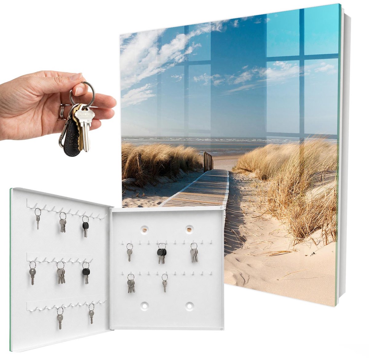 WallMuralia - Sleutelkast - 30x30x5 cm - met 50 haken - Een Rustig Strand Sleutelkastje Huis - Blauw Sleutelbox - Linksopenend - Wit interieur
