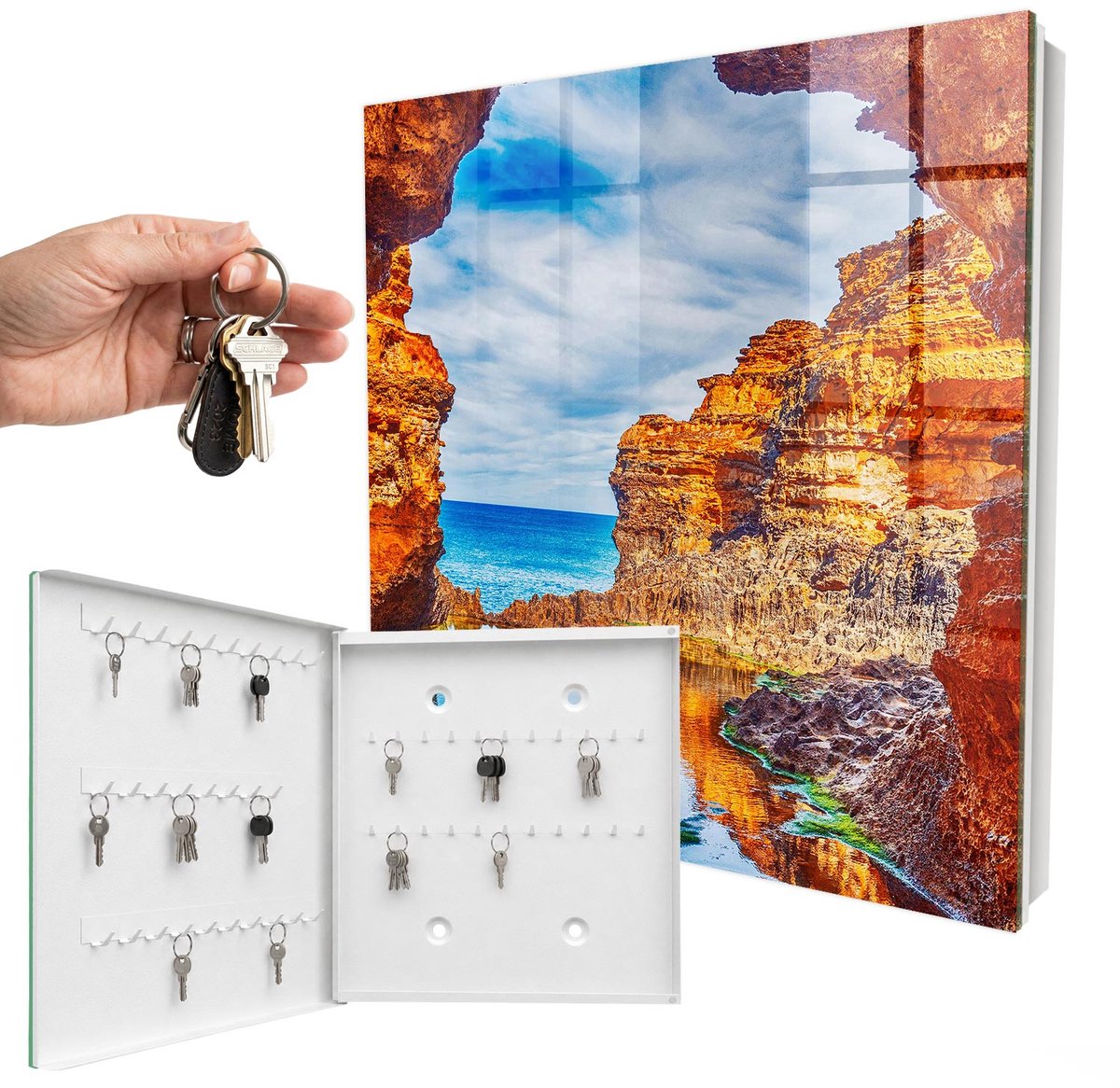 WallMuralia - Sleutelkast - 30x30x5 cm - met 50 haken - Zonnige Kust Sleutelkastje Landelijk - Oranje Sleutelbox - Linksopenend - Wit interieur