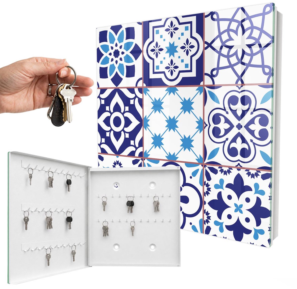 WallMuralia - Sleutelkast - 30x30x5 cm - met 50 haken - Geometrische Patronen Sleutelkastje Landelijk - Blauw Sleutelbox - Linksopenend - Wit interieur