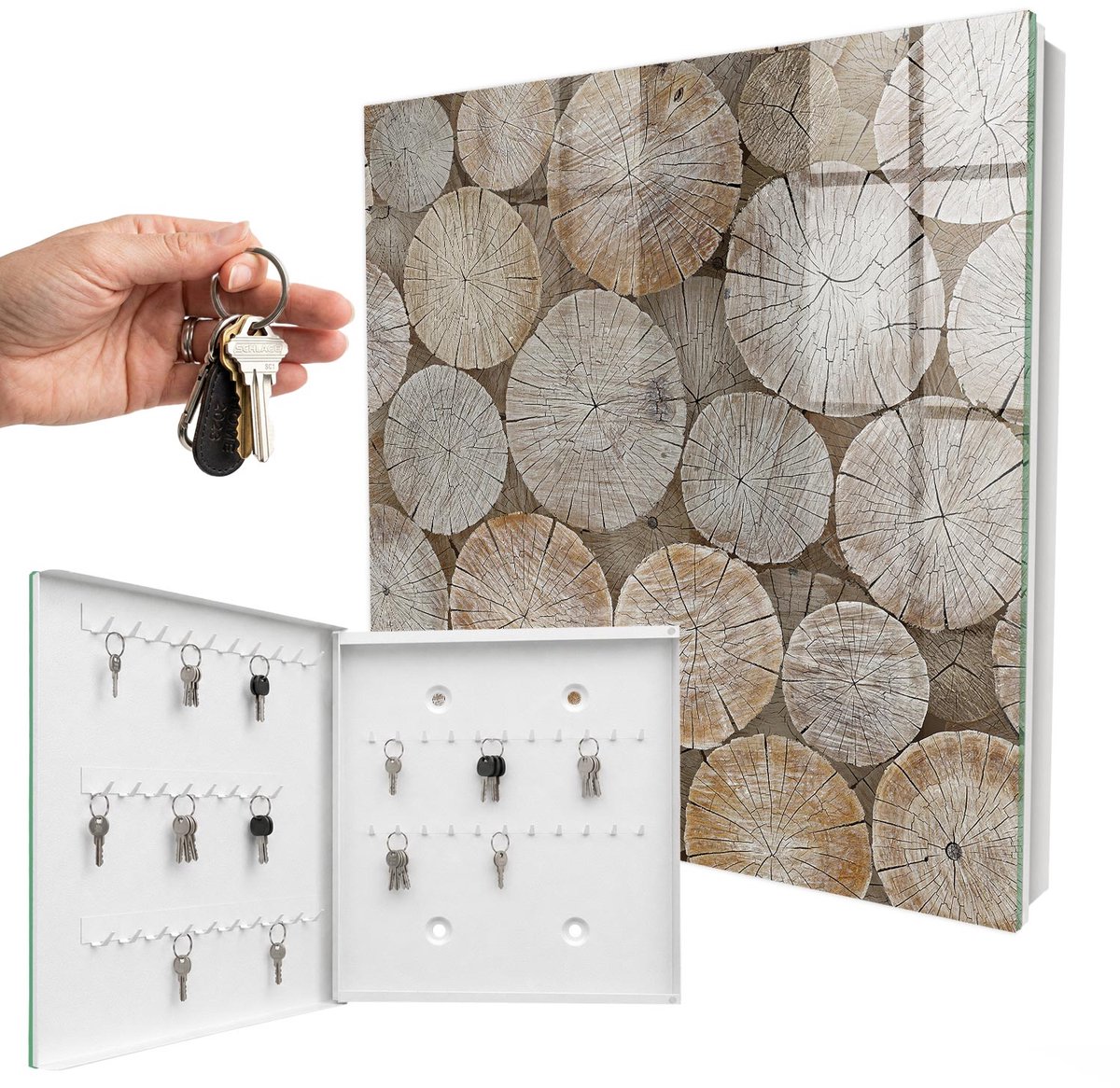 WallMuralia - Sleutelkast - 30x30x5 cm - met 50 haken - Houten Cirkels Sleutelkastje Modern - Beige Sleutelbox - Linksopenend - Wit interieur
