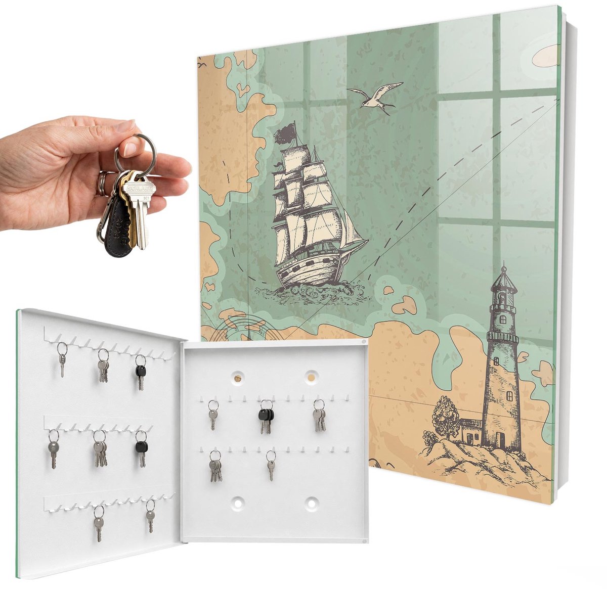 WallMuralia - Sleutelkast - 30x30x5 cm - met 50 haken - Zeeavontuur Sleutelkastje Gang - Beige Sleutelbox - Linksopenend - Wit interieur