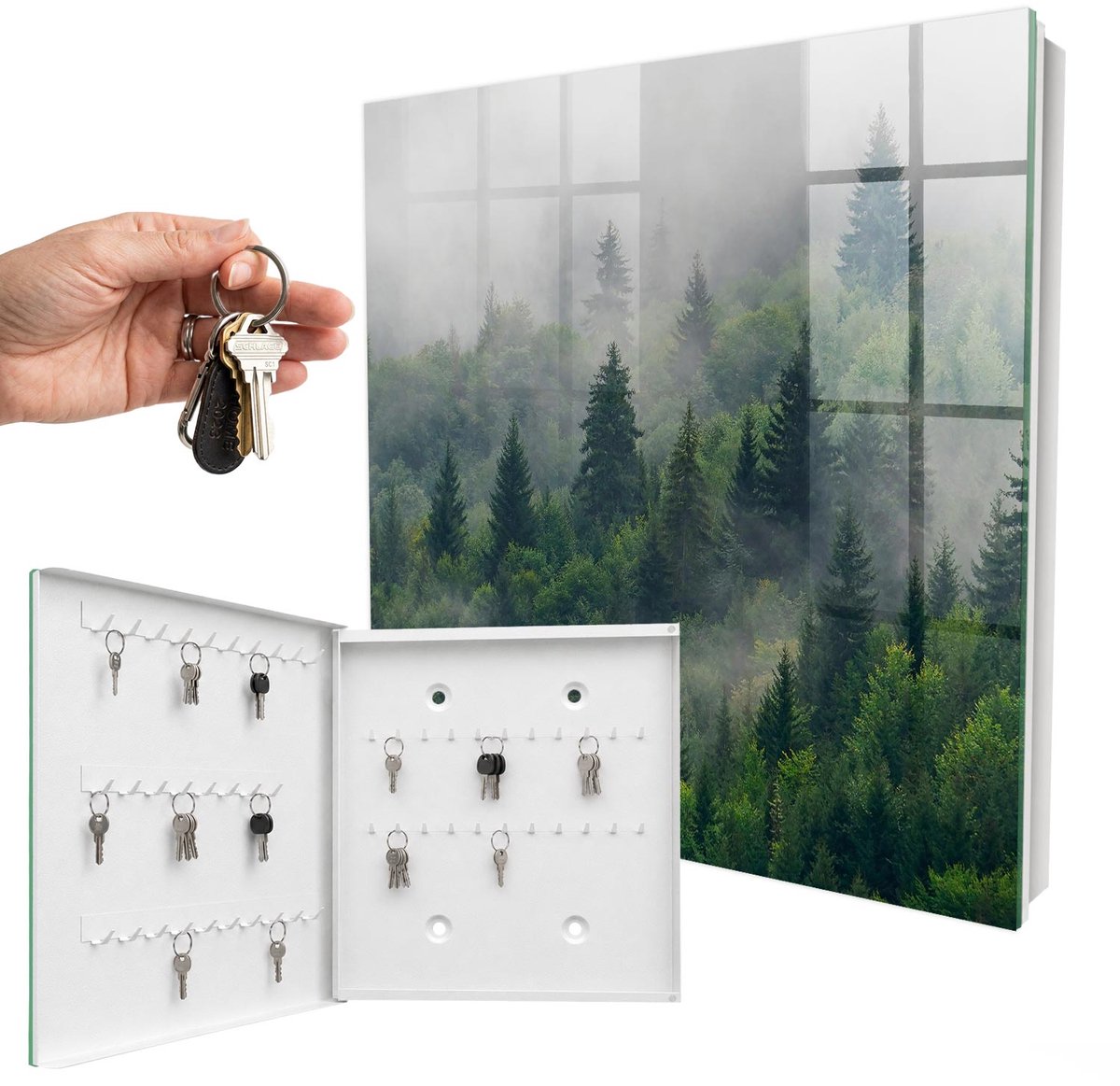 WallMuralia - Sleutelkast - 30x30x5 cm - met 50 haken - Nevelbos Sleutelkastje Hal - Groente Sleutelbox - Linksopenend - Wit interieur