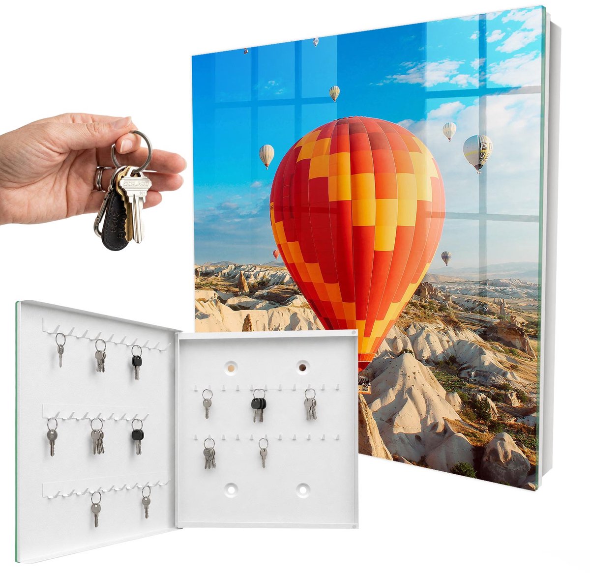 WallMuralia - Sleutelkast - 30x30x5 cm - met 50 haken - Sky Adventure Sleutelkastje Klein - Blauw Sleutelbox - Linksopenend - Wit interieur