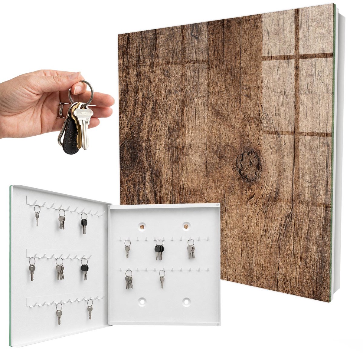 WallMuralia - Sleutelkast - 30x30x5 cm - met 50 haken - Houtstructuur Sleutelkastje Huis - Bruin Sleutelbox - Linksopenend - Wit interieur