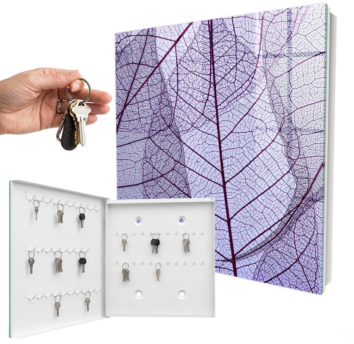 WallMuralia - Sleutelkast - 30x30x5 cm - met 50 haken - Bladstructuur Sleutelkastje Landelijk - Paars Sleutelbox - Linksopenend - Wit interieur