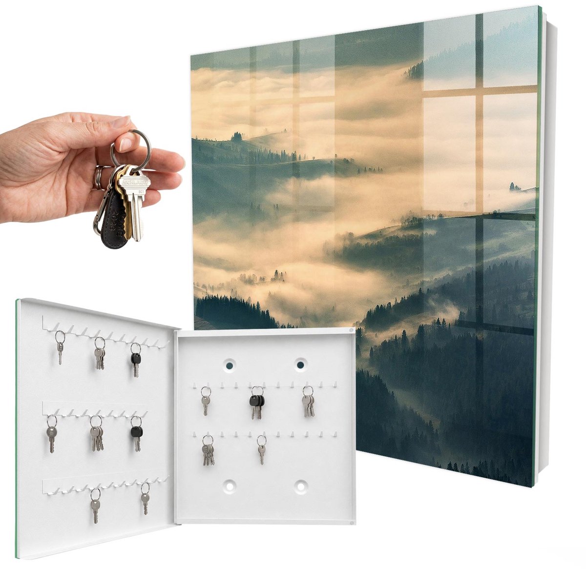 WallMuralia - Sleutelkast - 30x30x5 cm - met 50 haken - Mistige Heuvels Sleutelkastje Muur - Grijs Sleutelbox - Linksopenend - Wit interieur