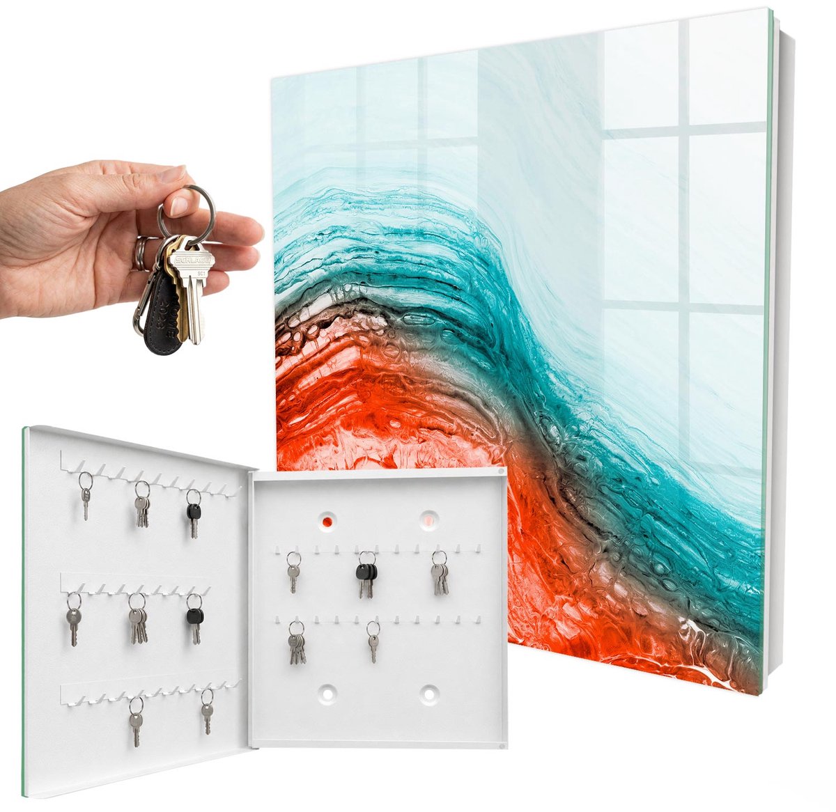 WallMuralia - Sleutelkast - 30x30x5 cm - met 50 haken - Kleurrijke Emoties Sleutelkastje Binnen - Turkoois Sleutelbox - Linksopenend - Wit interieur
