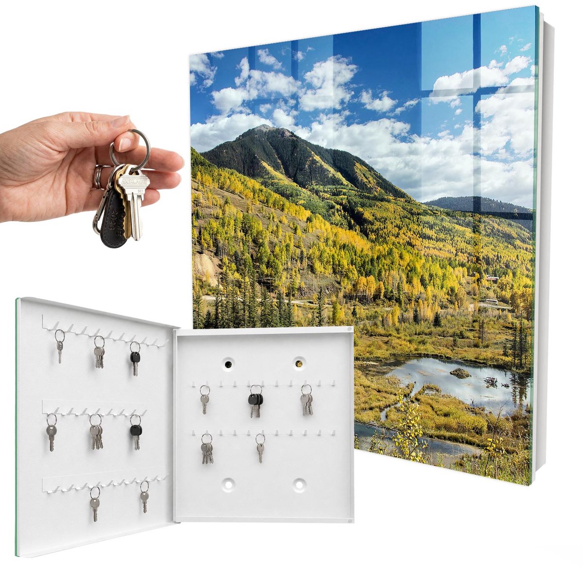 WallMuralia - Sleutelkast - 30x30x5 cm - met 50 haken - Herfstlandschap Design Sleutelkastje - Groente Sleutelbox - Linksopenend - Wit interieur