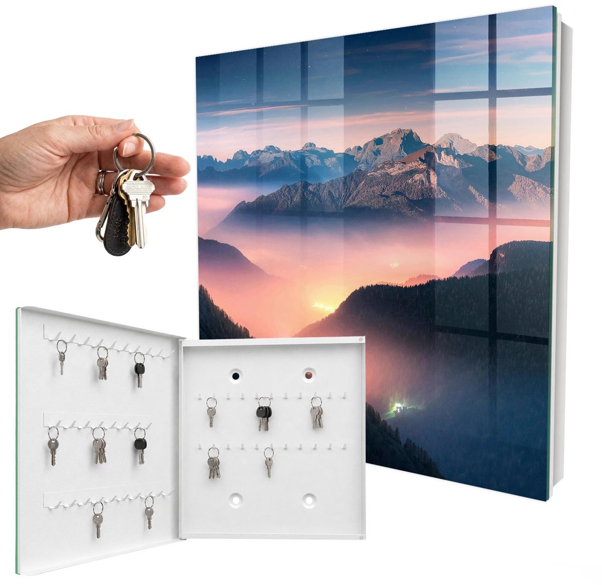 WallMuralia - Sleutelkast - 30x30x5 cm - met 50 haken - Bergpanorama Sleutelkastje Huis - Marine Sleutelbox - Linksopenend - Wit interieur