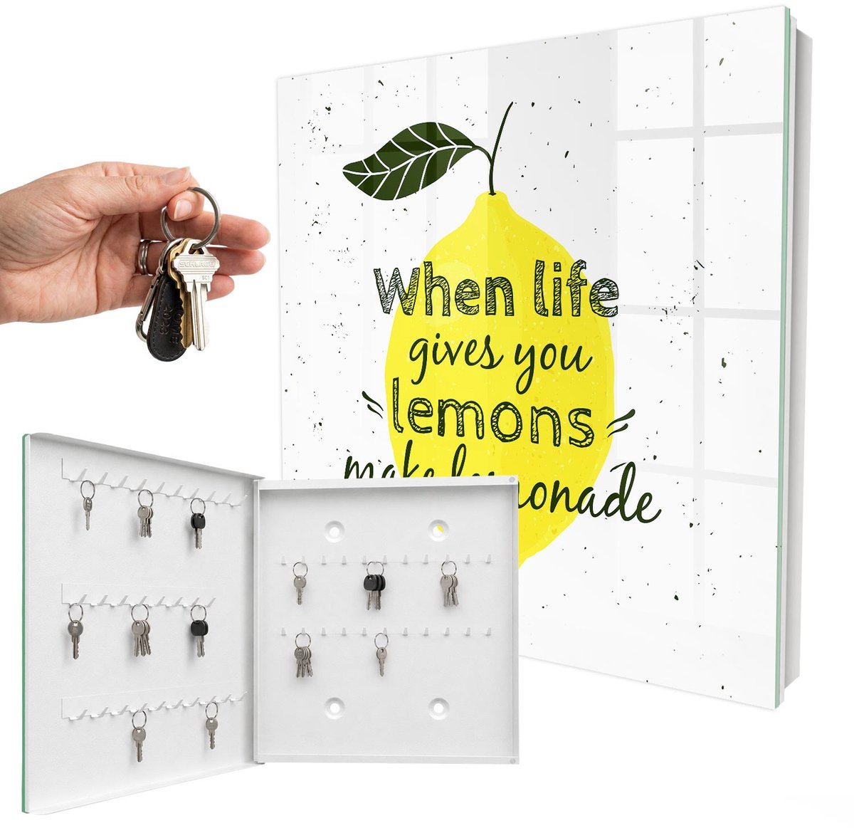 WallMuralia - Sleutelkast - 30x30x5 cm - met 50 haken - Citroenmotief Sleutelkastje Modern - Geel Sleutelbox - Linksopenend - Wit interieur