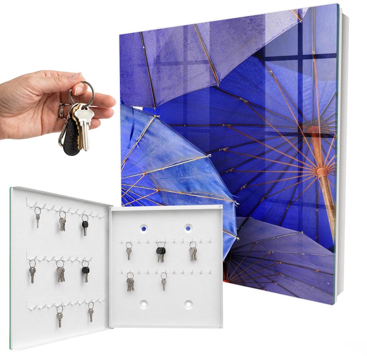 WallMuralia - Sleutelkast - 30x30x5 cm - met 50 haken - Blauwe Paraplu'S Sleutelkastje Binnen - Blauw Sleutelbox - Linksopenend - Wit interieur