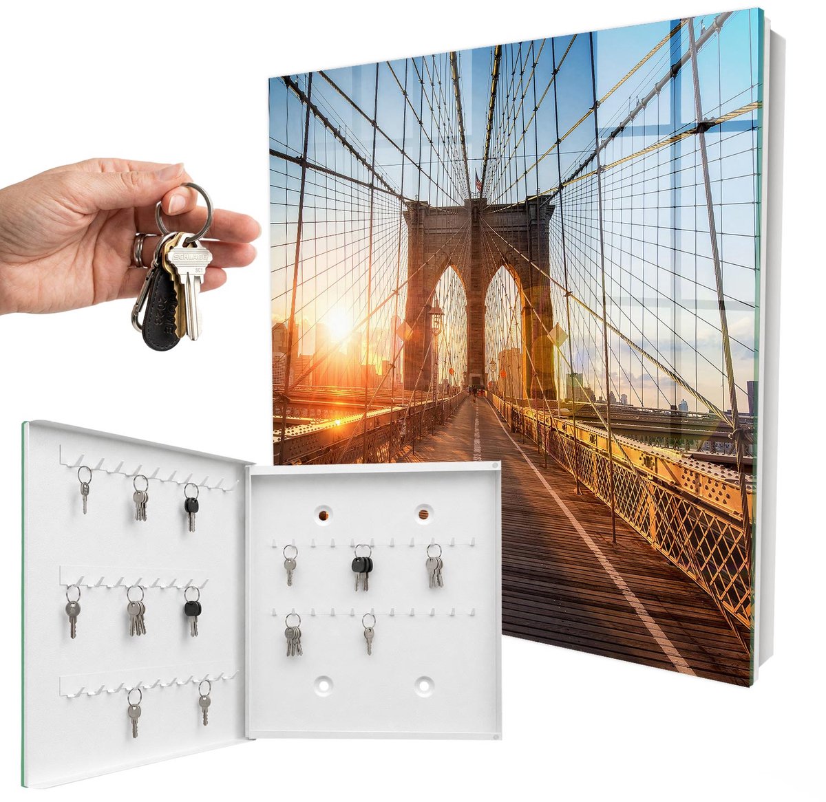 WallMuralia - Sleutelkast - 30x30x5 cm - met 50 haken - De Ondergaande Zon Sleutelkastje Landelijk - Oranje Sleutelbox - Linksopenend - Wit interieur