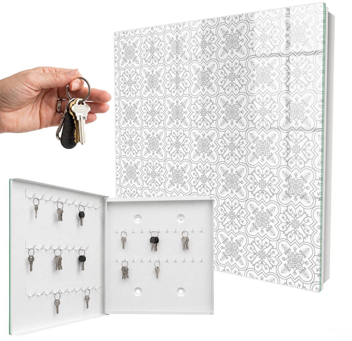 WallMuralia - Sleutelkast - 30x30x5 cm - met 50 haken - Geometrisch Patroon Sleutelkastje - Wit Sleutelbox - Linksopenend - Wit interieur